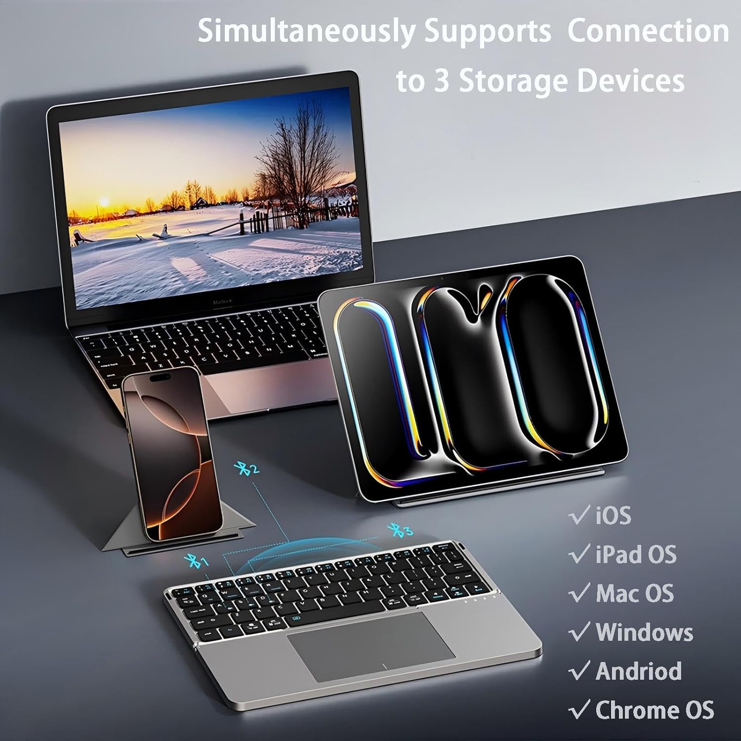 TouchFold Wireless Keyboard for iPad, Mobile & Laptop(Built-in Touchpad Control)