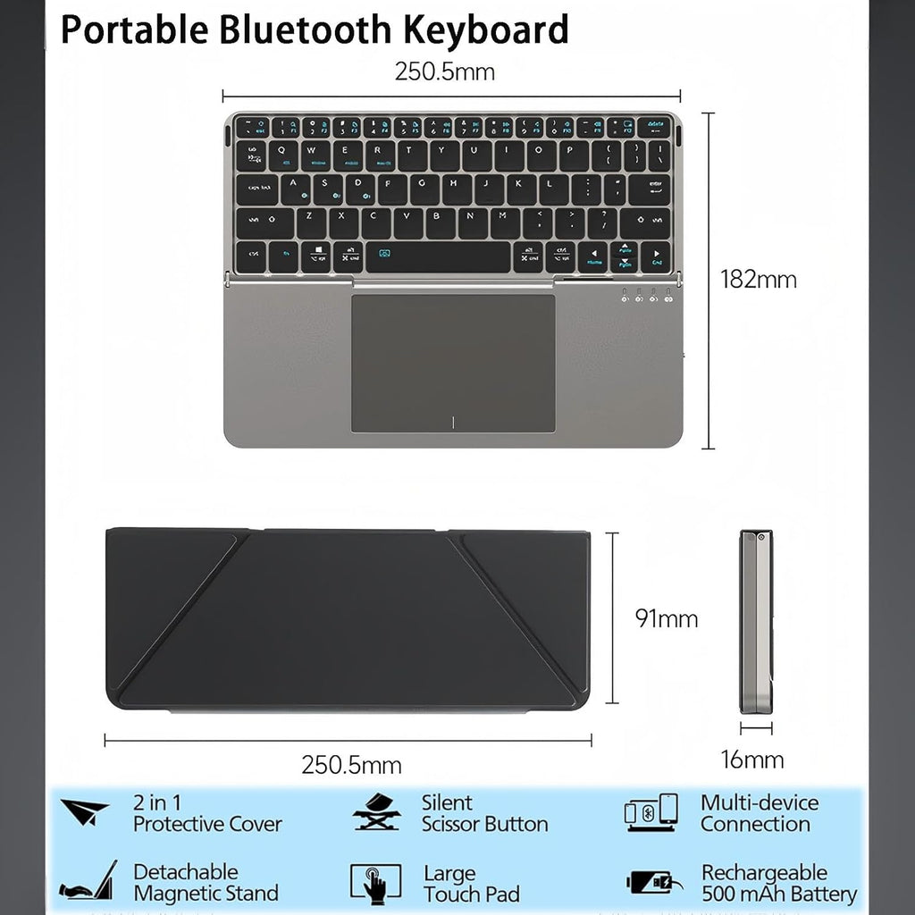 TouchFold Wireless Keyboard for iPad, Mobile & Laptop(Built-in Touchpad Control)