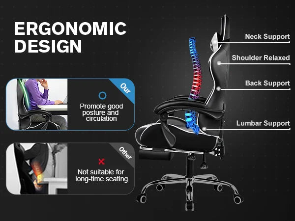 GTPLAYER Gaming Chair with Footrest – Ergonomic Office & Gaming Chair with Lumbar Support and Recline Function.