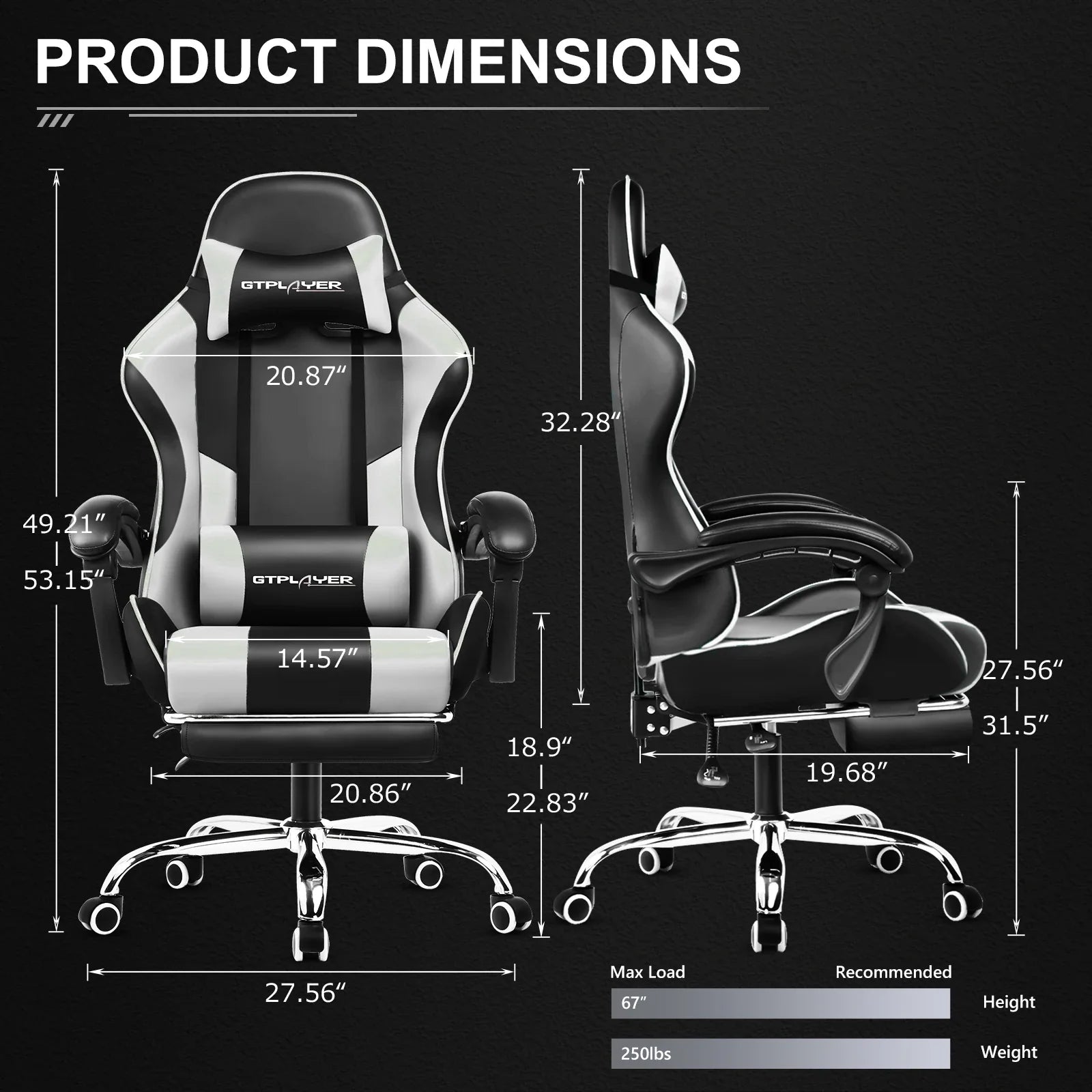 GTPLAYER Gaming Chair with Footrest – Ergonomic Office & Gaming Chair with Lumbar Support and Recline Function.