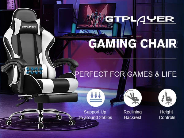 GTPLAYER Gaming Chair with Footrest – Ergonomic Office & Gaming Chair with Lumbar Support and Recline Function.