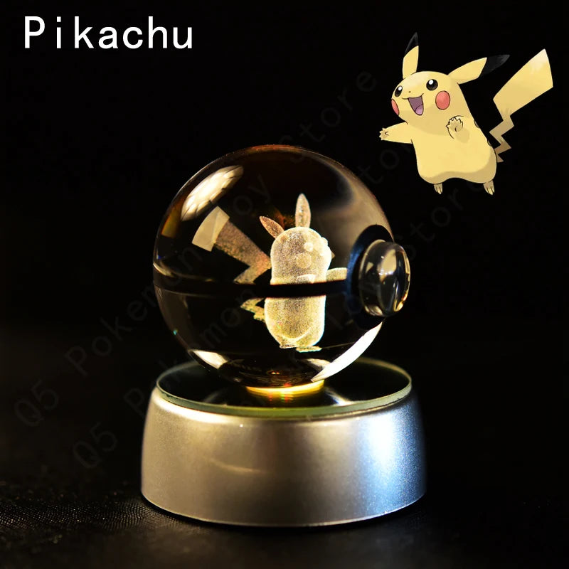 Pokémon 3D Crystal Ball Night Light – Premium LED Glass Globe Lamp with Pikachu, Mewtwo, Mew & Gengar on Illuminated Base