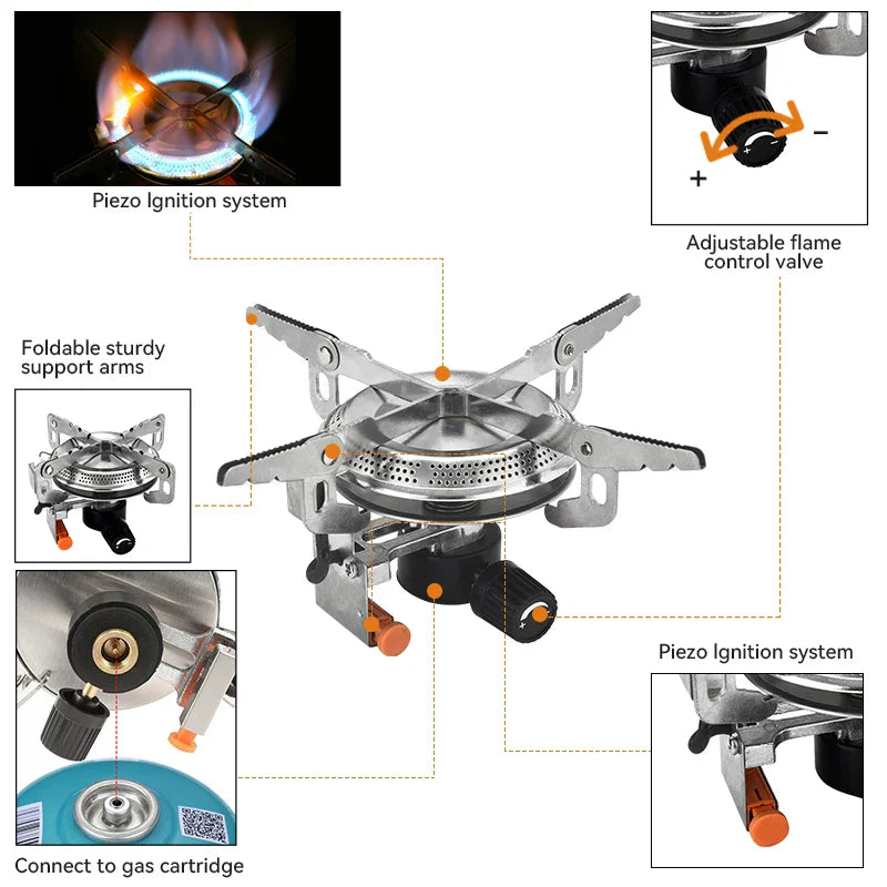 Pandatour Portable Windproof Camping Gas Stove – High Efficiency Outdoor Burner for Hiking, Camping, BBQ & Emergency Cooking