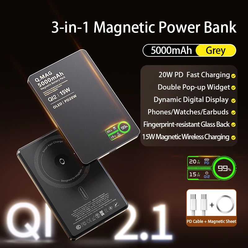 2.1 Magnetic Powerbank Wireless Fast Charing Spare Portable External Battery for iPhone 12-17 Pro Watch Airpods 5000/10000mAh