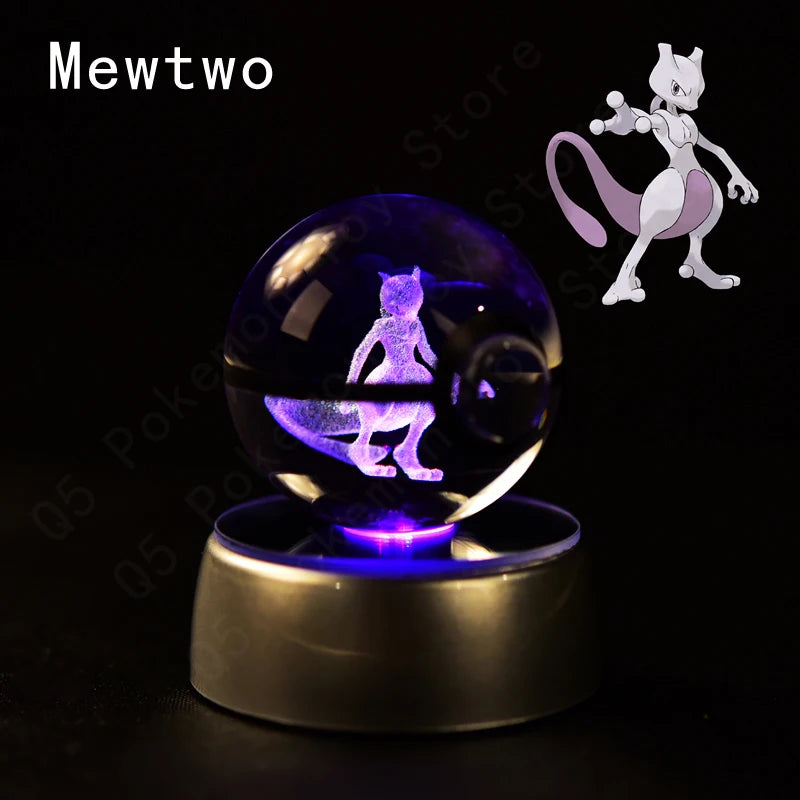 Pokémon 3D Crystal Ball Night Light – Premium LED Glass Globe Lamp with Pikachu, Mewtwo, Mew & Gengar on Illuminated Base