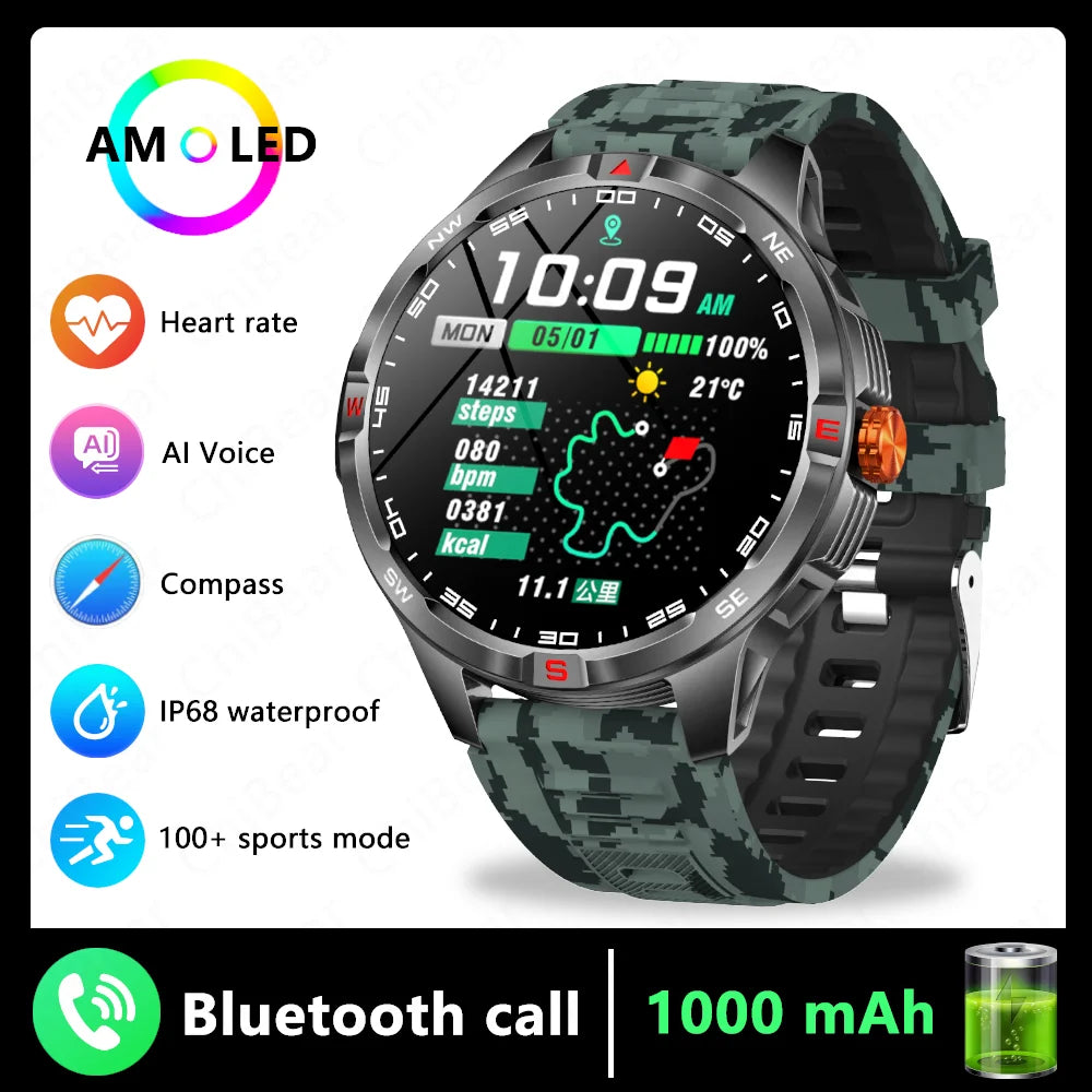 GPS Outdoor Military Men's Smart Watch 5ATM Waterproof Sports 1000 Battery Compass Health Monitoring Bluetooth Call Smartwatches