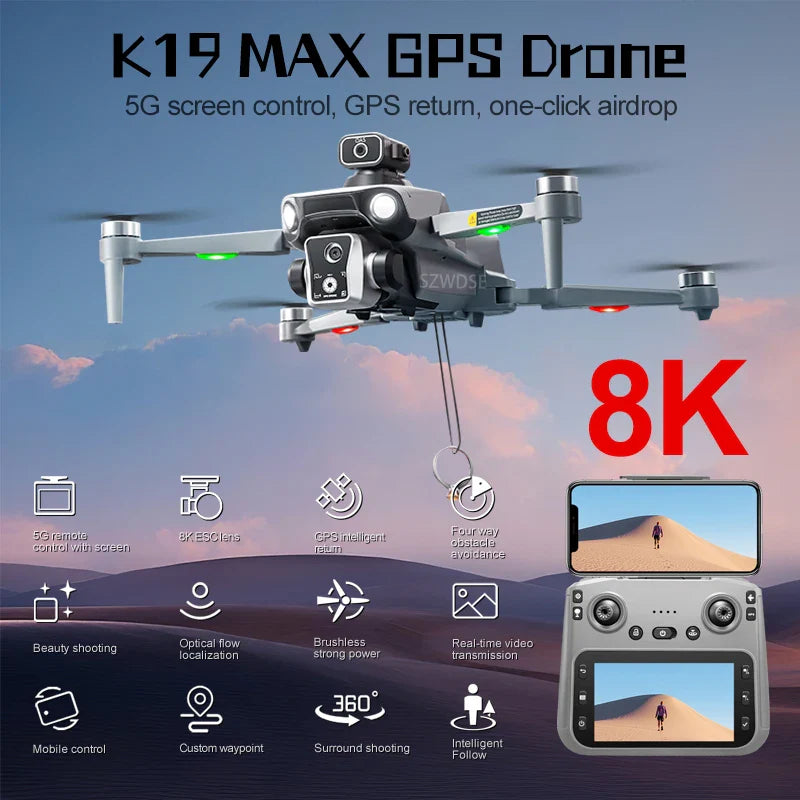 K19 Max Drone Professional 8K Camera Aerial FPV Brush Avoiding Obstacle ith Large Screen Remote Control Folding Drone.