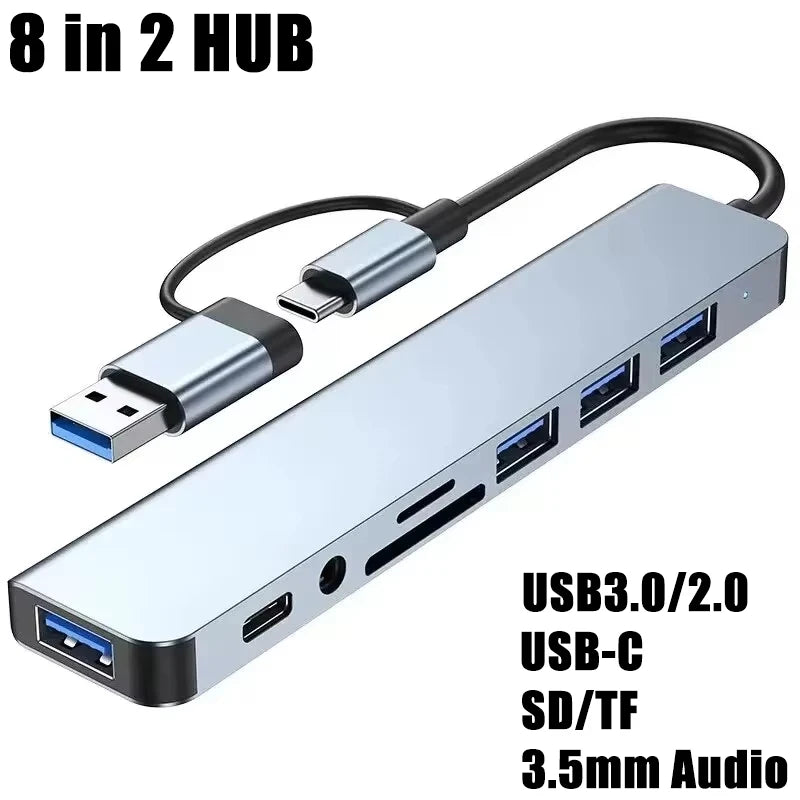 SmartGearPros 8-in-2 USB-C Hub – High-Speed Multiport Adapter with HDMI, USB & Card Reader for Seamless Connectivity