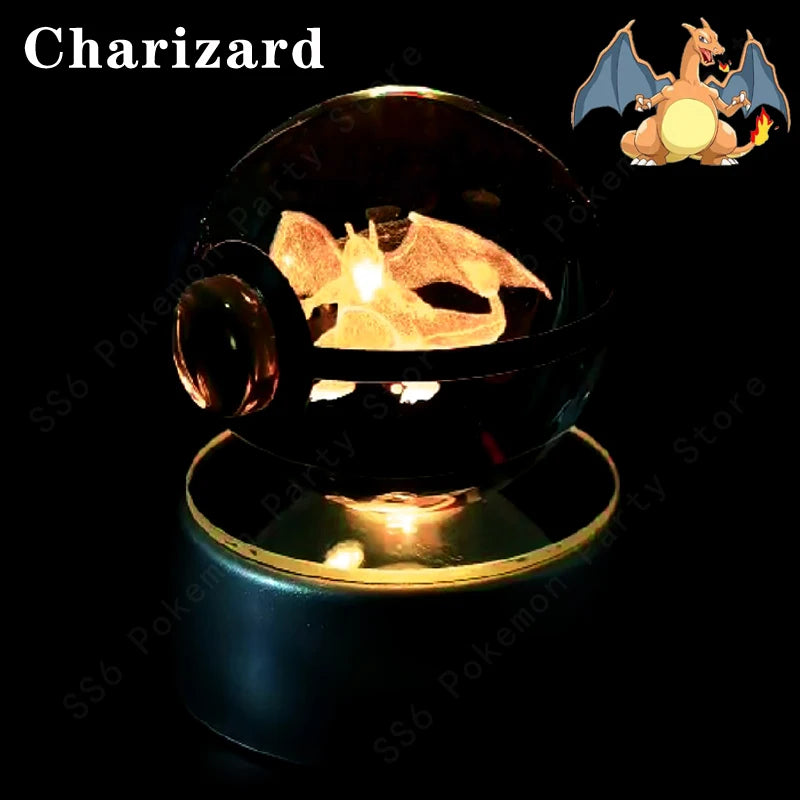 Pokémon 3D Crystal Ball Night Light – Premium LED Glass Globe Lamp with Pikachu, Mewtwo, Mew & Gengar on Illuminated Base