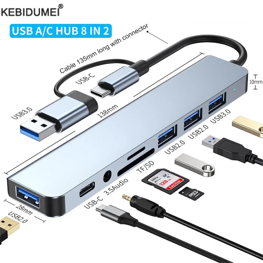 SmartGearPros 8-in-2 USB-C Hub – High-Speed Multiport Adapter with HDMI, USB & Card Reader for Seamless Connectivity