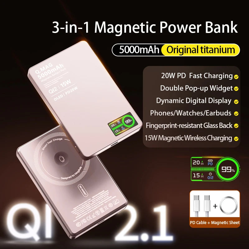 2.1 Magnetic Powerbank Wireless Fast Charing Spare Portable External Battery for iPhone 12-17 Pro Watch Airpods 5000/10000mAh