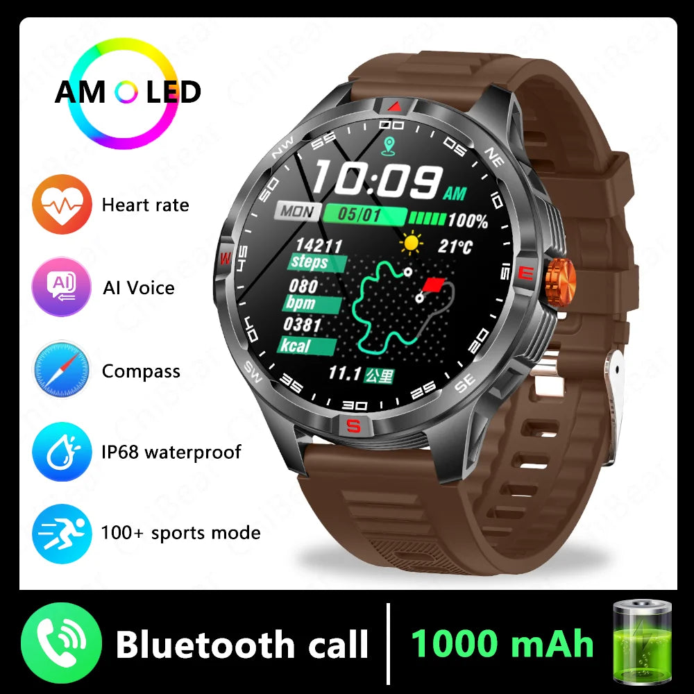 GPS Outdoor Military Men's Smart Watch 5ATM Waterproof Sports 1000 Battery Compass Health Monitoring Bluetooth Call Smartwatches