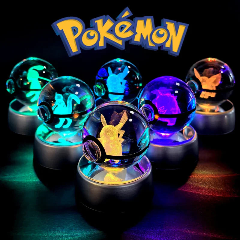 Pokémon 3D Crystal Ball Night Light – Premium LED Glass Globe Lamp with Pikachu, Mewtwo, Mew & Gengar on Illuminated Base