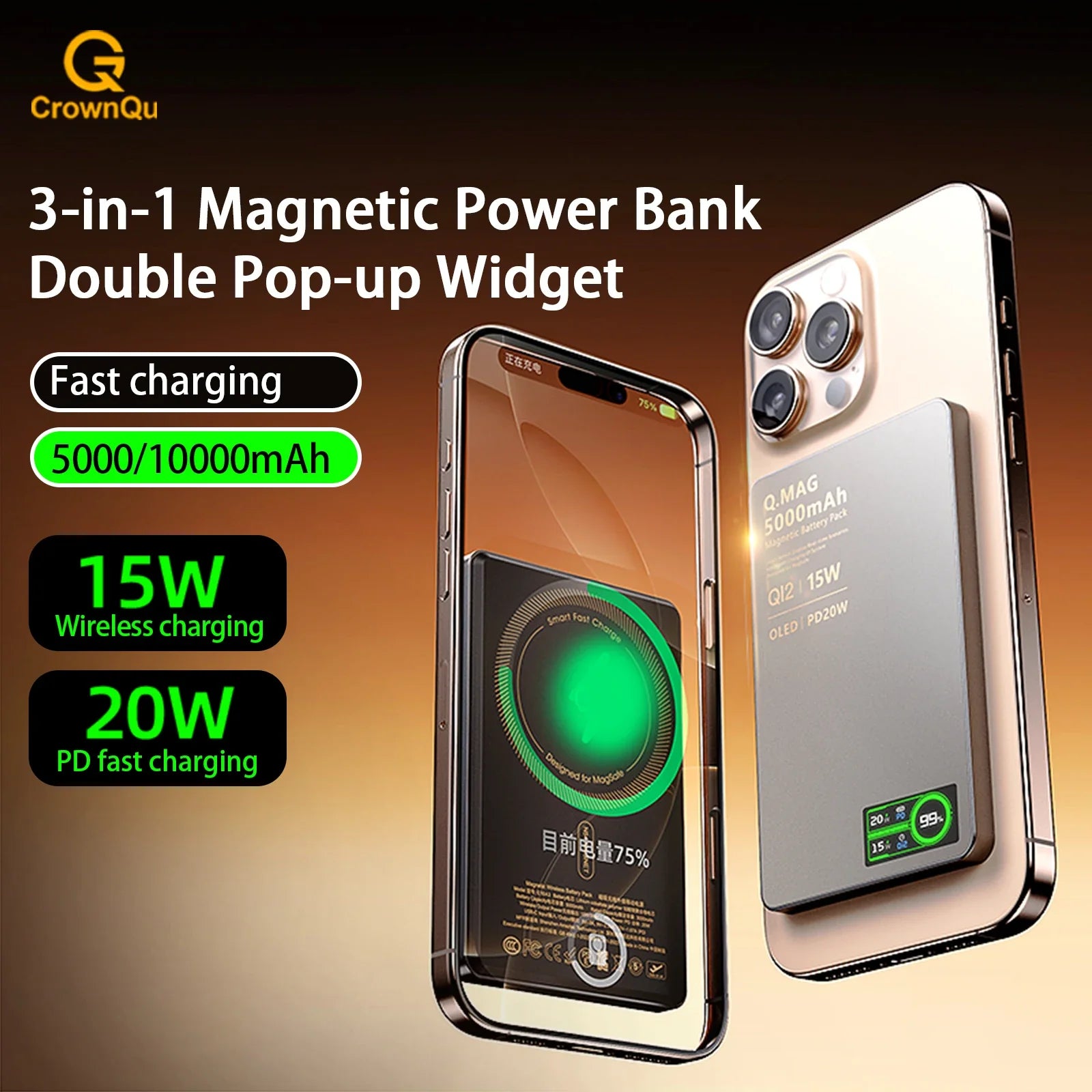 2.1 Magnetic Powerbank Wireless Fast Charing Spare Portable External Battery for iPhone 12-17 Pro Watch Airpods 5000/10000mAh