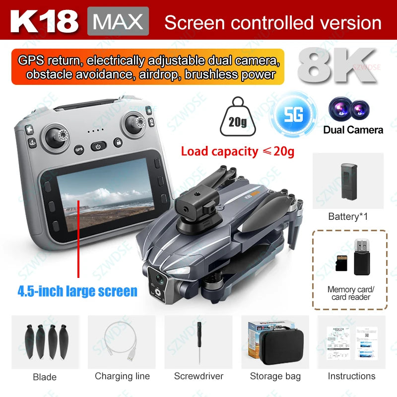 K19 Max Drone Professional 8K Camera Aerial FPV Brush Avoiding Obstacle ith Large Screen Remote Control Folding Drone.