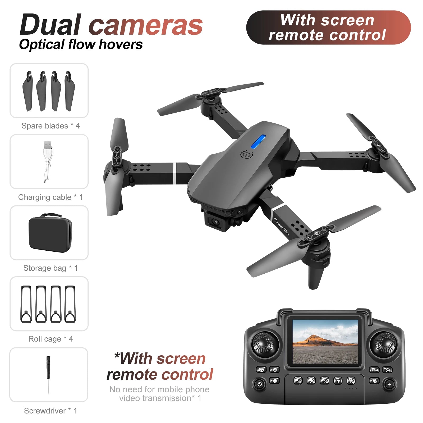 New E88/E99 Drone Remote Control with Screen Dual Camera Optical Flow Localization