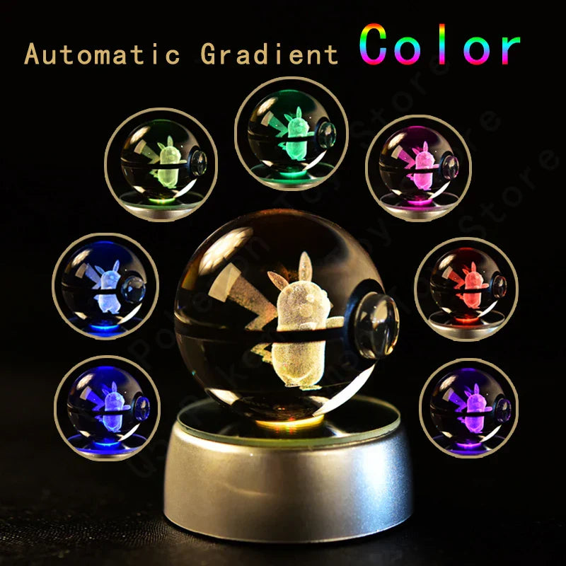 Pokémon 3D Crystal Ball Night Light – Premium LED Glass Globe Lamp with Pikachu, Mewtwo, Mew & Gengar on Illuminated Base