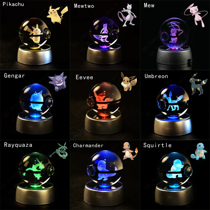 Pokémon 3D Crystal Ball Night Light – Premium LED Glass Globe Lamp with Pikachu, Mewtwo, Mew & Gengar on Illuminated Base