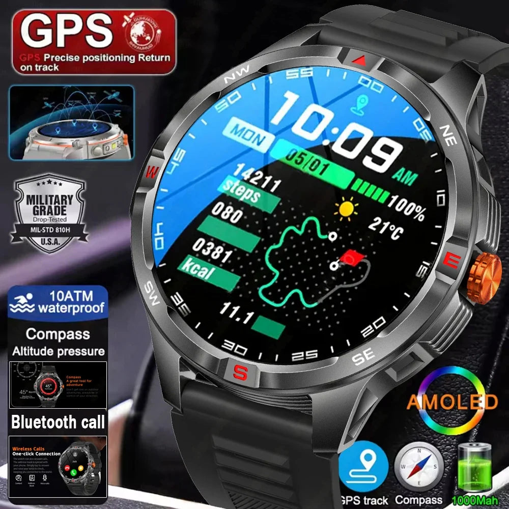 GPS Outdoor Military Men's Smart Watch 5ATM Waterproof Sports 1000 Battery Compass Health Monitoring Bluetooth Call Smartwatches