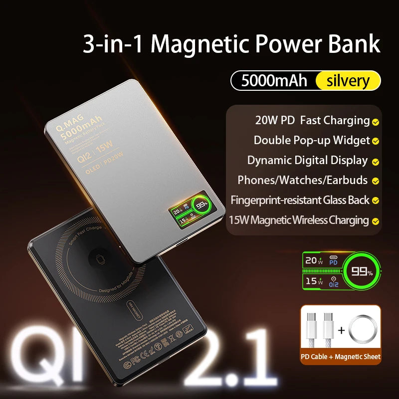 2.1 Magnetic Powerbank Wireless Fast Charing Spare Portable External Battery for iPhone 12-17 Pro Watch Airpods 5000/10000mAh