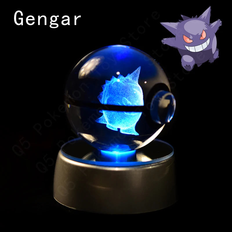 Pokémon 3D Crystal Ball Night Light – Premium LED Glass Globe Lamp with Pikachu, Mewtwo, Mew & Gengar on Illuminated Base