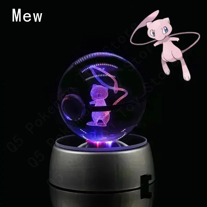 Pokémon 3D Crystal Ball Night Light – Premium LED Glass Globe Lamp with Pikachu, Mewtwo, Mew & Gengar on Illuminated Base