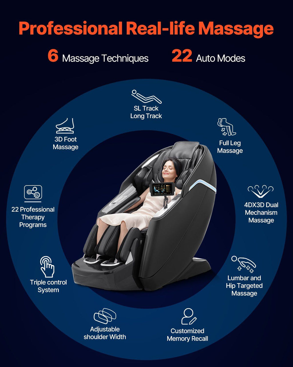 VEVOR Dual-Core 4D+3D Full Body Massage Chair, with Extended SL Track, Deep Yoga Stretch, Electric Extendable Footrest, TFT, AI Voice Control, Heat, Airbags, Armrest Controls, Wheels