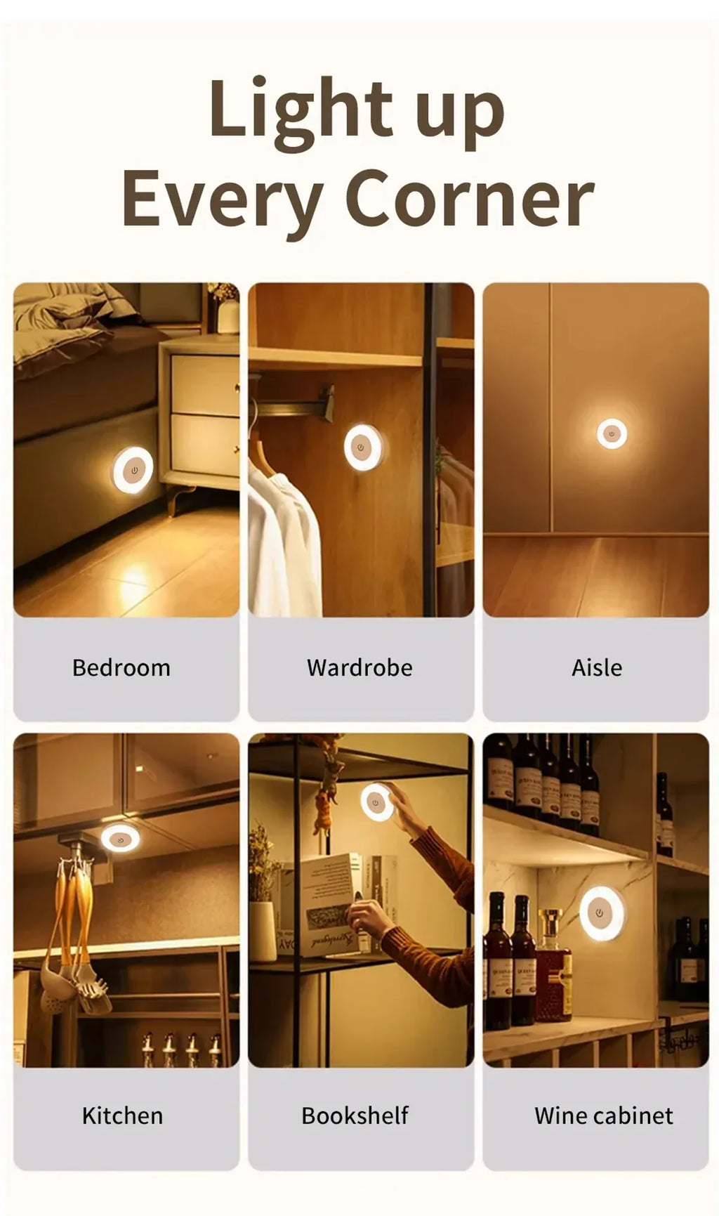Touch-Dimmable Rechargeable LED Puck Night Light - Magnetic Mount, USB Charging